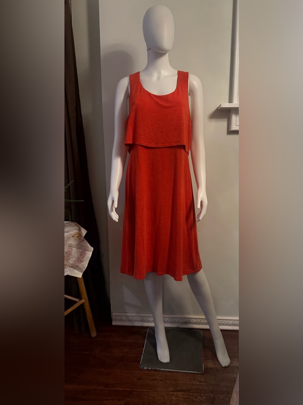 CAbi Sleeveless Layered Midi Dress in Coral-Red